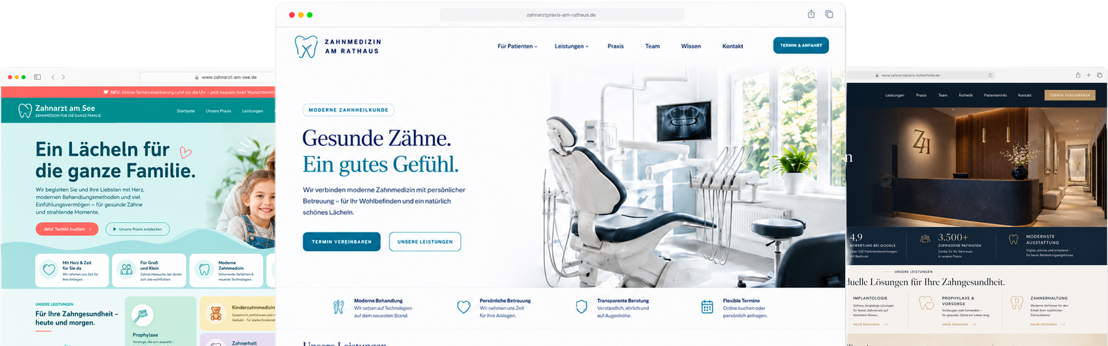 zahnärzte.online Website-Mockup mit fünf Praxiswebsite-Varianten
